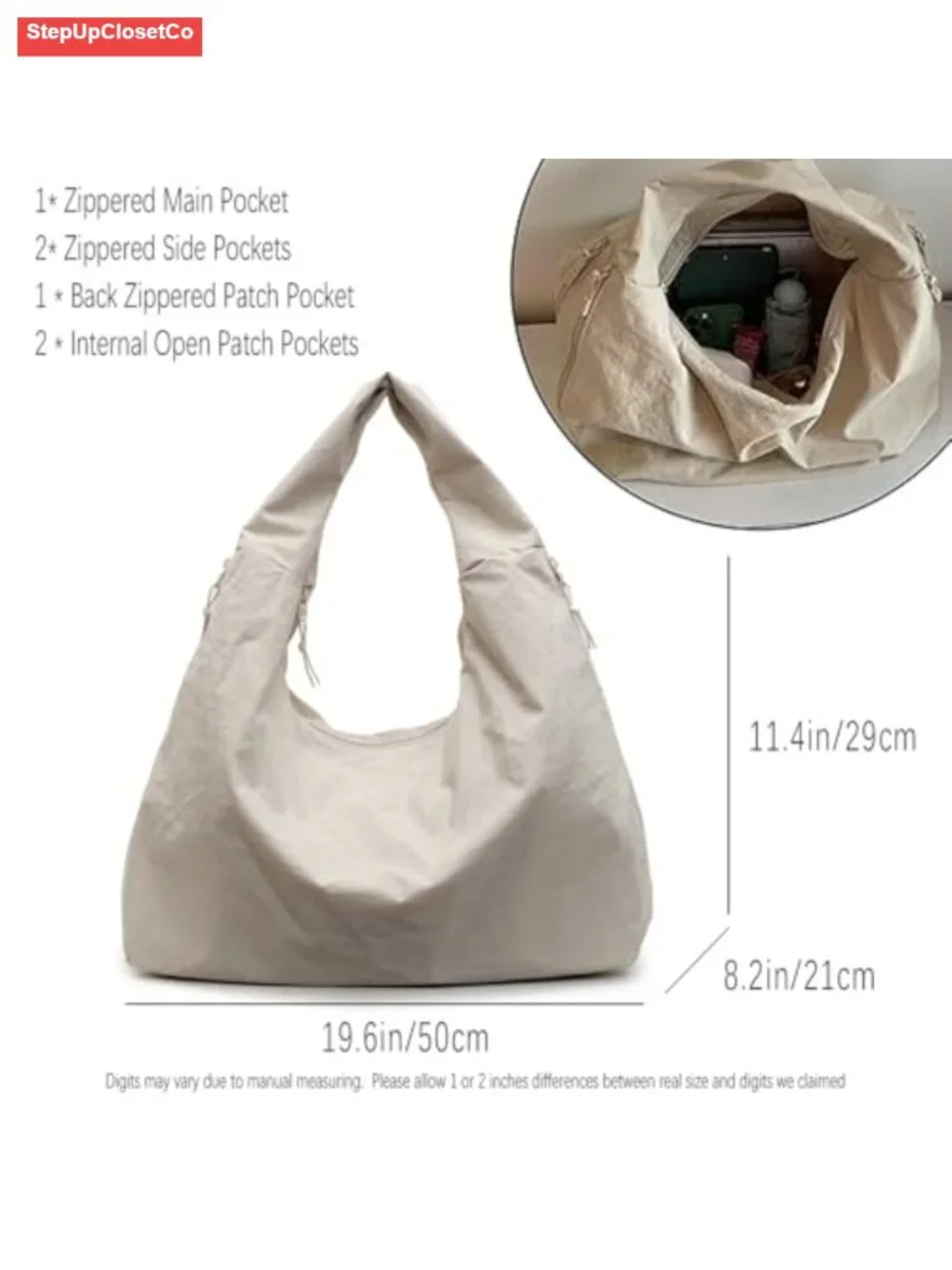 Large Slouchy Hobo Shoulder Bag Nylon Tote with Zipper Multi-Pocket for Women